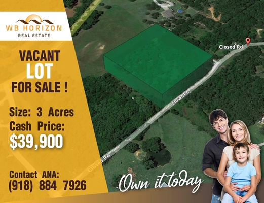 9 Minutes to Sapulpa: 3-Acre Vacant Lot is waiting for your House! Only $39,900! CALL US NOW!